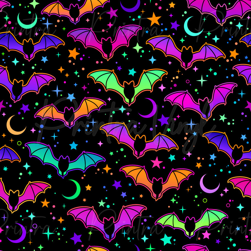Neon Bats #01 patterned vinyl featuring vibrant neon bats in shades of hot pink, purple, lime green, aqua and orange flying across a black background with colourful stars, crescent moons and glowing celestial accents.