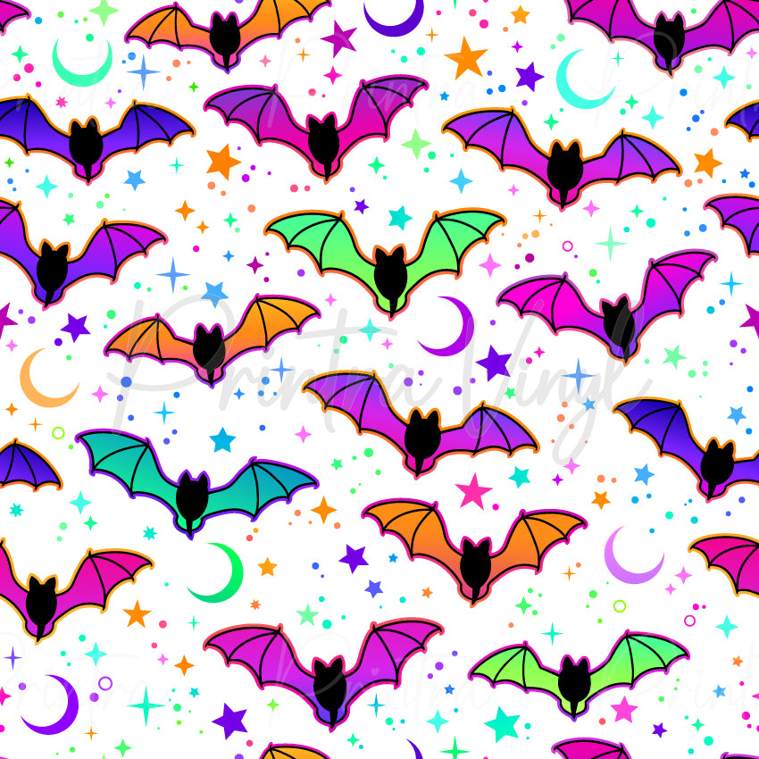 Neon Bats #03 patterned vinyl featuring vibrant neon bats in shades of hot pink, purple, lime green, aqua and orange flying across a crisp white background with colourful stars, crescent moons and glowing celestial accents.