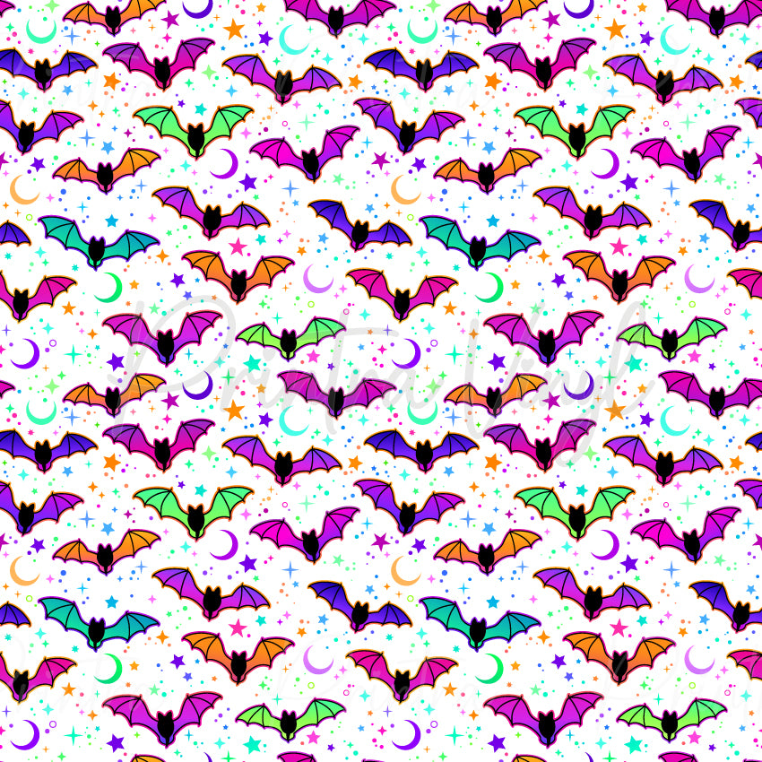 Neon Bats #04 patterned vinyl featuring an all-over scatter of neon bats in vibrant shades of hot pink, purple, lime green, aqua and orange, layered across a crisp white background with colourful stars, crescent moons, dots and glowing celestial accents.