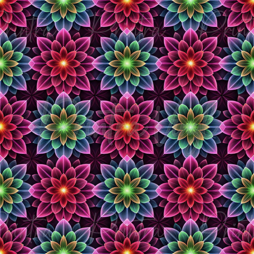 Neon Dahlia patterned vinyl featuring vibrant neon pink, purple, green, and blue dahlia-style flowers with glowing layered petals on a dramatic dark background.