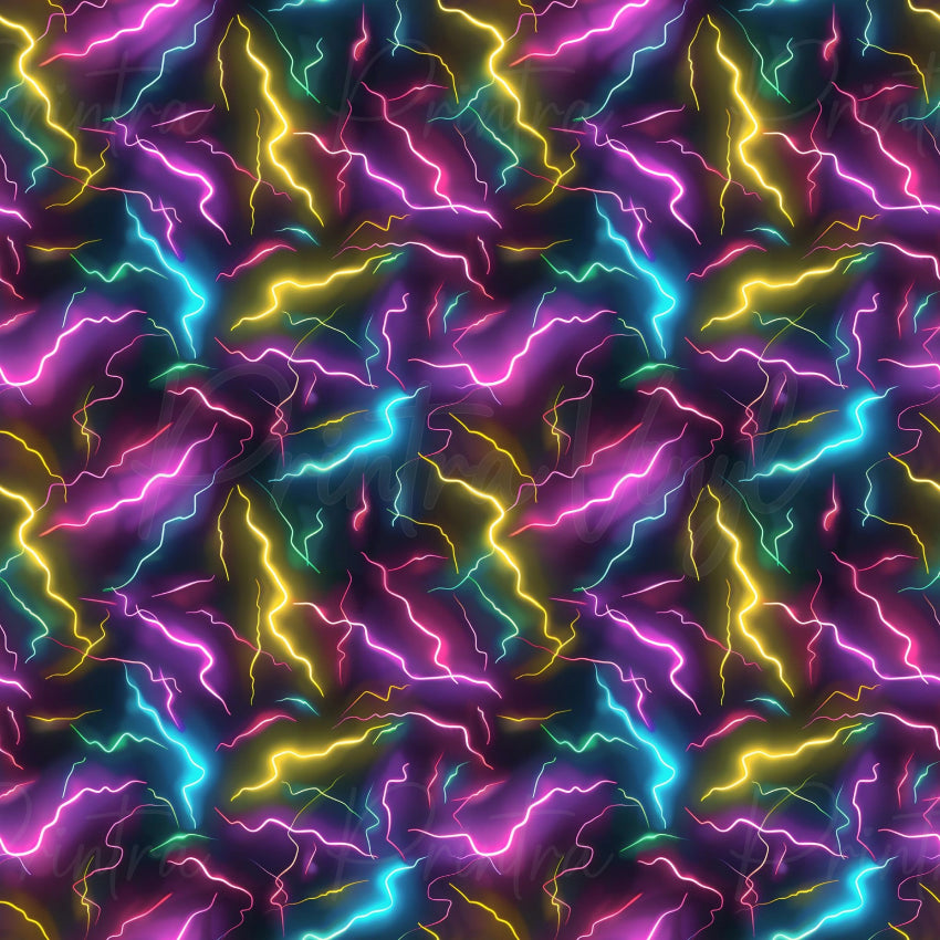Neon Lightning patterned vinyl featuring vibrant neon lightning bolts in electric pink, yellow, blue, and green glowing across a dark background, creating a bold high-energy design with a retro arcade-inspired aesthetic.