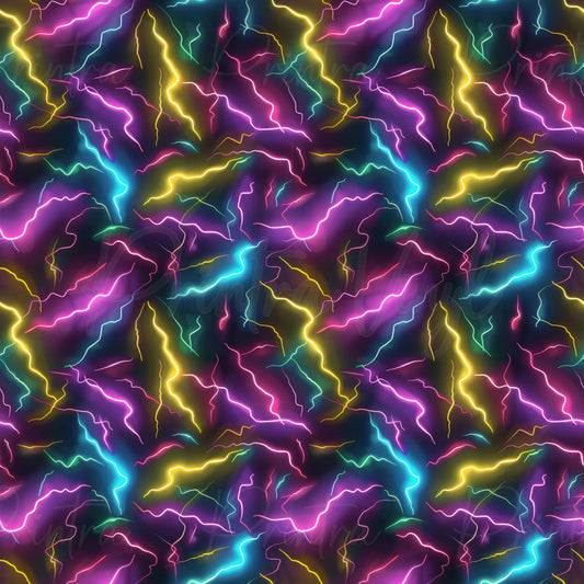Neon Lightning patterned vinyl featuring vibrant neon lightning bolts in electric pink, yellow, blue, and green glowing across a dark background, creating a bold high-energy design with a retro arcade-inspired aesthetic.