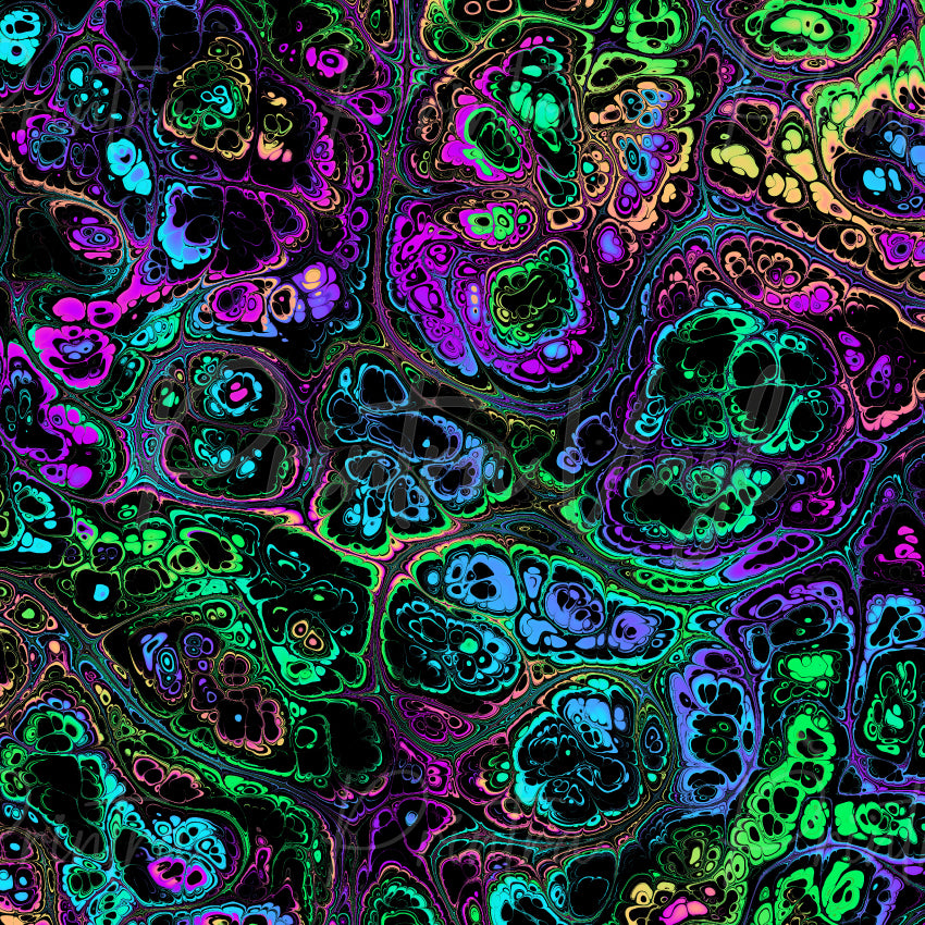 Neon Morph patterned vinyl featuring vibrant neon organic shapes in electric green, blue, purple, pink, and teal, layered in fluid cellular formations across a deep black background.