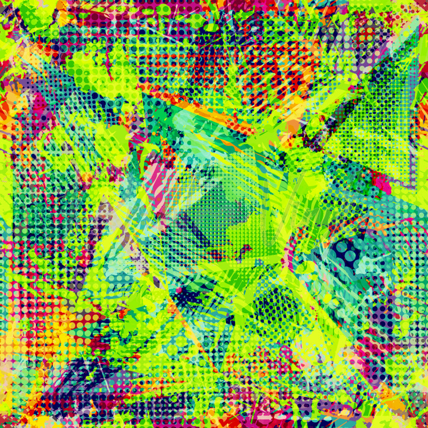 Neon Noise patterned vinyl featuring a vibrant collage of neon paint splatters, halftone dots, graffiti-style brush strokes, layered textures, and abstract street-art elements in electric green, pink, blue, yellow, and orange tones.