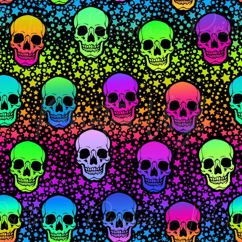 Neon Skulls #01 patterned vinyl featuring vibrant neon skulls in shades of hot pink, purple, aqua, turquoise, lime green and orange, scattered across a black rainbow-gradient background filled with colourful stars, dots and glowing celestial details.