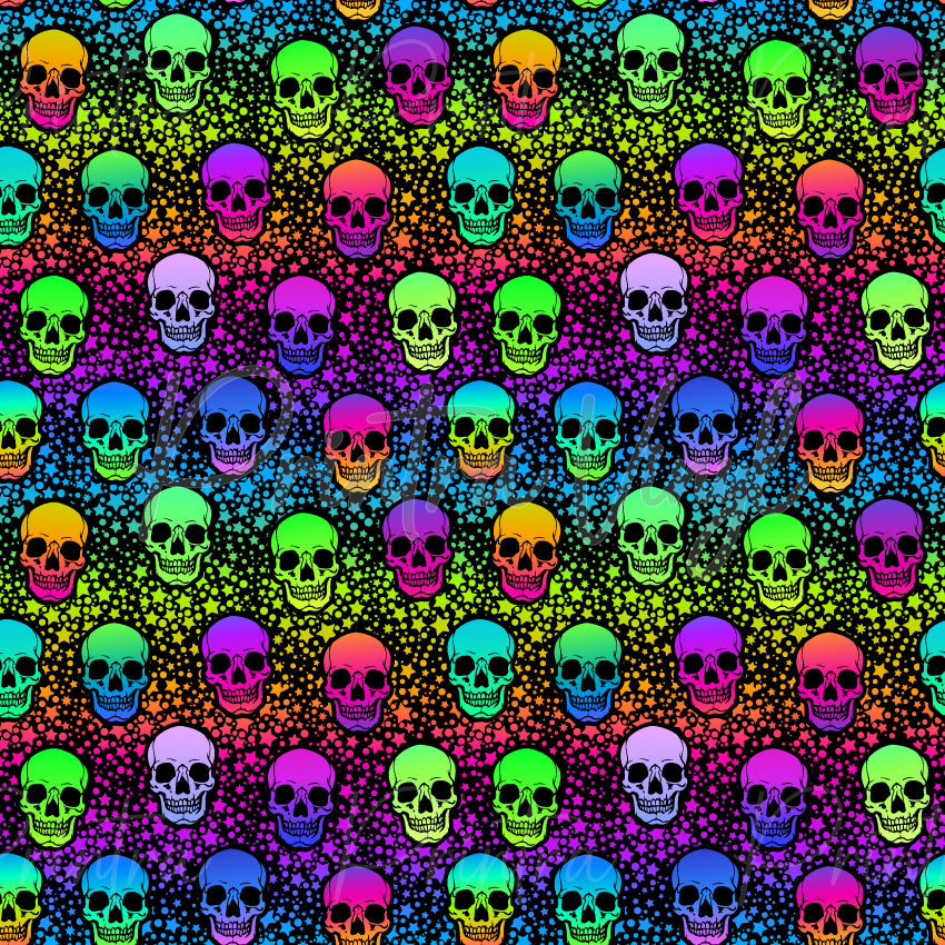 Neon Skulls #02 patterned vinyl featuring vibrant neon skulls in shades of hot pink, purple, aqua, turquoise, lime green and orange, layered over a black rainbow-gradient background filled with colourful stars and sparkling dot details.