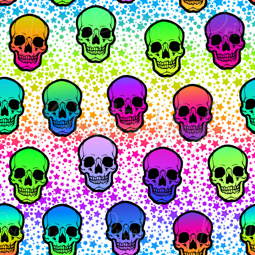 Neon Skulls #03 patterned vinyl featuring vibrant neon skulls in shades of hot pink, purple, aqua, turquoise, lime green and orange, scattered across a rainbow gradient background filled with colourful stars, dots and sparkling celestial details.