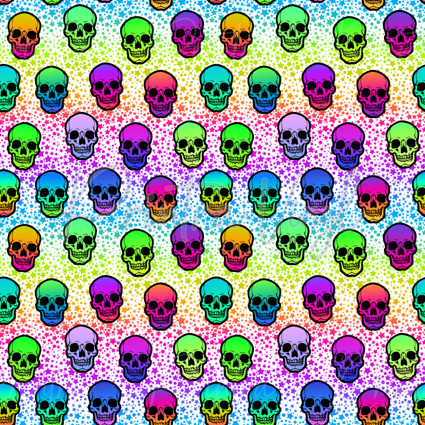 Neon Skulls #04 patterned vinyl featuring colourful neon skulls in vibrant shades of pink, purple, blue, aqua, lime green and orange, layered over a rainbow gradient background with scattered starburst and halftone-style dot patterns.
