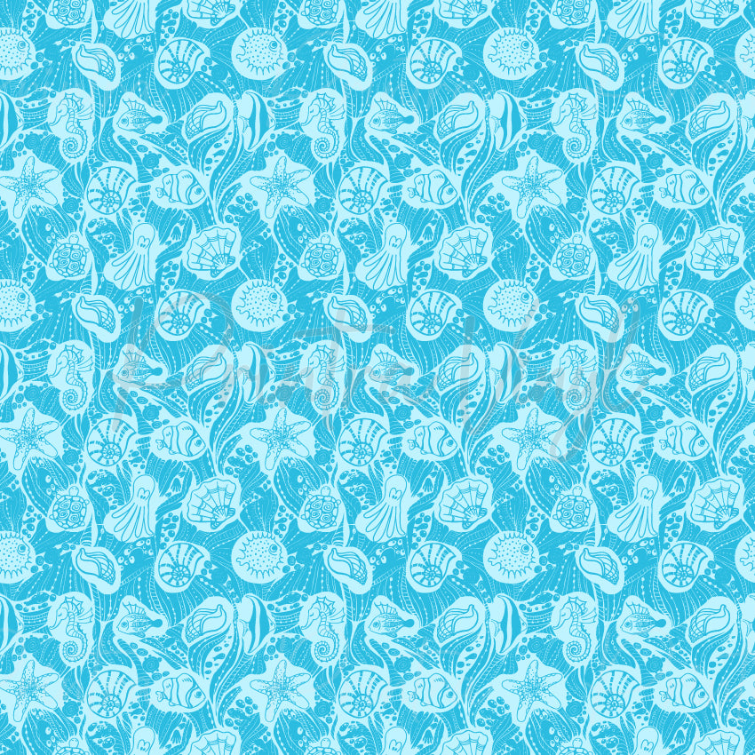 Ocean Flow patterned vinyl featuring an intricate monochromatic ocean-inspired design with seashells, starfish, seahorses, tropical fish, octopuses, sea turtles, coral, and flowing underwater plants in bright turquoise blue tones.