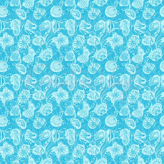 Ocean Flow patterned vinyl featuring an intricate monochromatic ocean-inspired design with seashells, starfish, seahorses, tropical fish, octopuses, sea turtles, coral, and flowing underwater plants in bright turquoise blue tones.