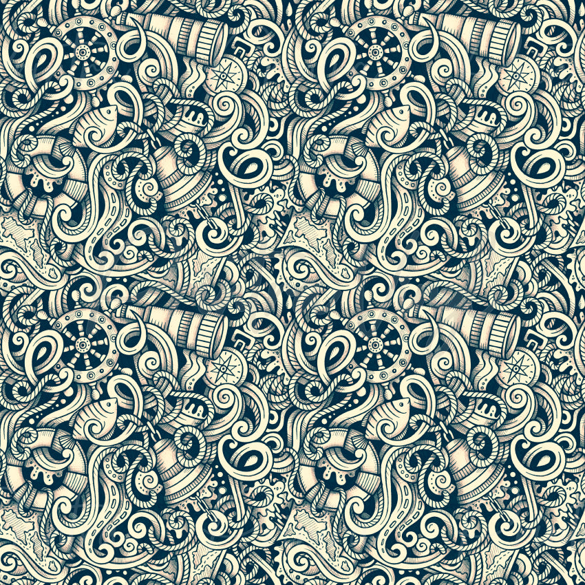 Ocean Odyssey patterned vinyl featuring an intricate nautical doodle design with octopuses, fish, anchors, ship wheels, compasses, ropes, coral, seashells, and marine-inspired details in classic navy and cream tones.