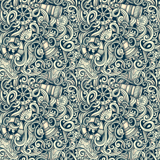 Ocean Odyssey patterned vinyl featuring an intricate nautical doodle design with octopuses, fish, anchors, ship wheels, compasses, ropes, coral, seashells, and marine-inspired details in classic navy and cream tones.