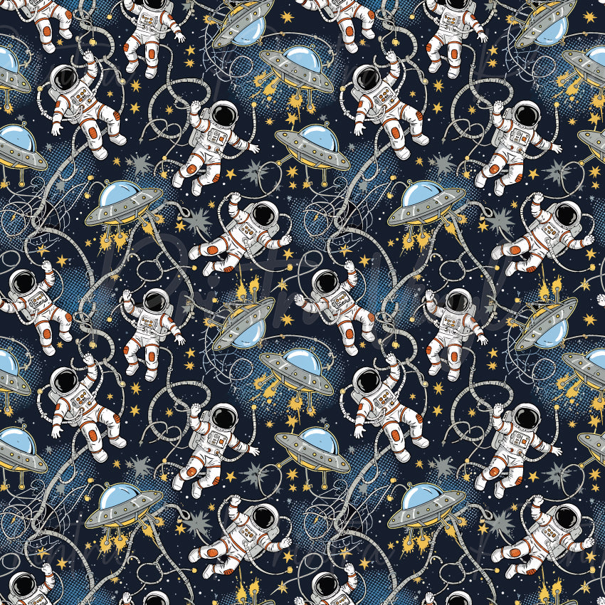 Orbit Crew patterned vinyl featuring detailed astronauts floating through space alongside classic flying saucers, swirling tethers, sparkling stars, and cosmic effects on a deep navy galaxy background.