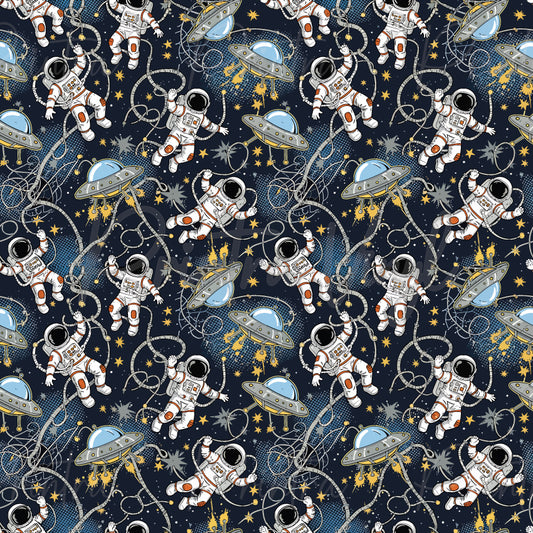 Orbit Crew patterned vinyl featuring detailed astronauts floating through space alongside classic flying saucers, swirling tethers, sparkling stars, and cosmic effects on a deep navy galaxy background.
