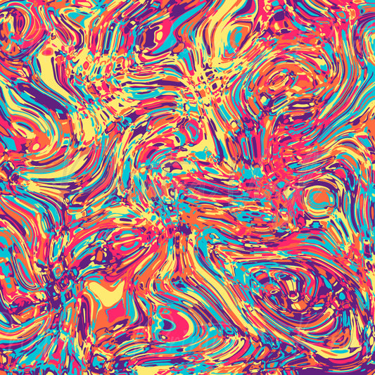 A vibrant, abstract psychedelic pattern with swirling, marbled waves of hot pink, bright yellow, cyan blue, orange, and purple.