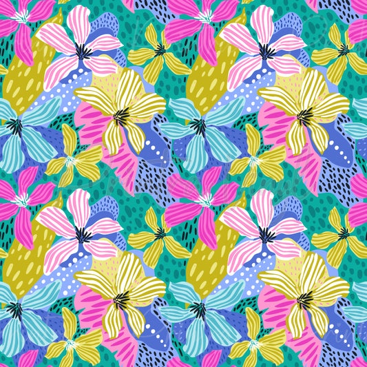 A vibrant seamless floral pattern featuring stylized flowers in pink, yellow, and light blue on a teal and purple textured background.