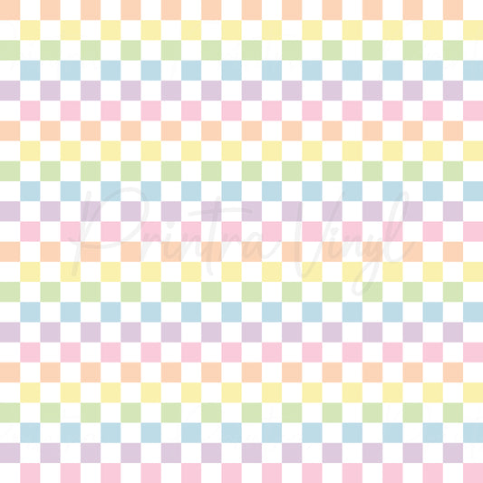 A seamless pattern of pastel coloured checkers on a white background with a watermark "Printra Vinyl".