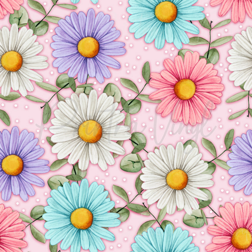 Pastel Daisies #01 patterned vinyl featuring pastel daisy flowers in pink, lavender, aqua and white with bright yellow centres, delicate green foliage and a soft pink polka dot background.