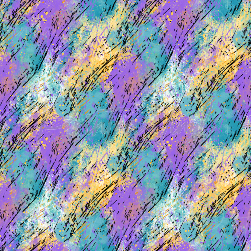 Pastel Meadow patterned vinyl featuring sweeping lavender, aqua blue and soft yellow brushstrokes layered with white paint textures, black sketch marks and colourful paint splatters in a vibrant abstract art design.