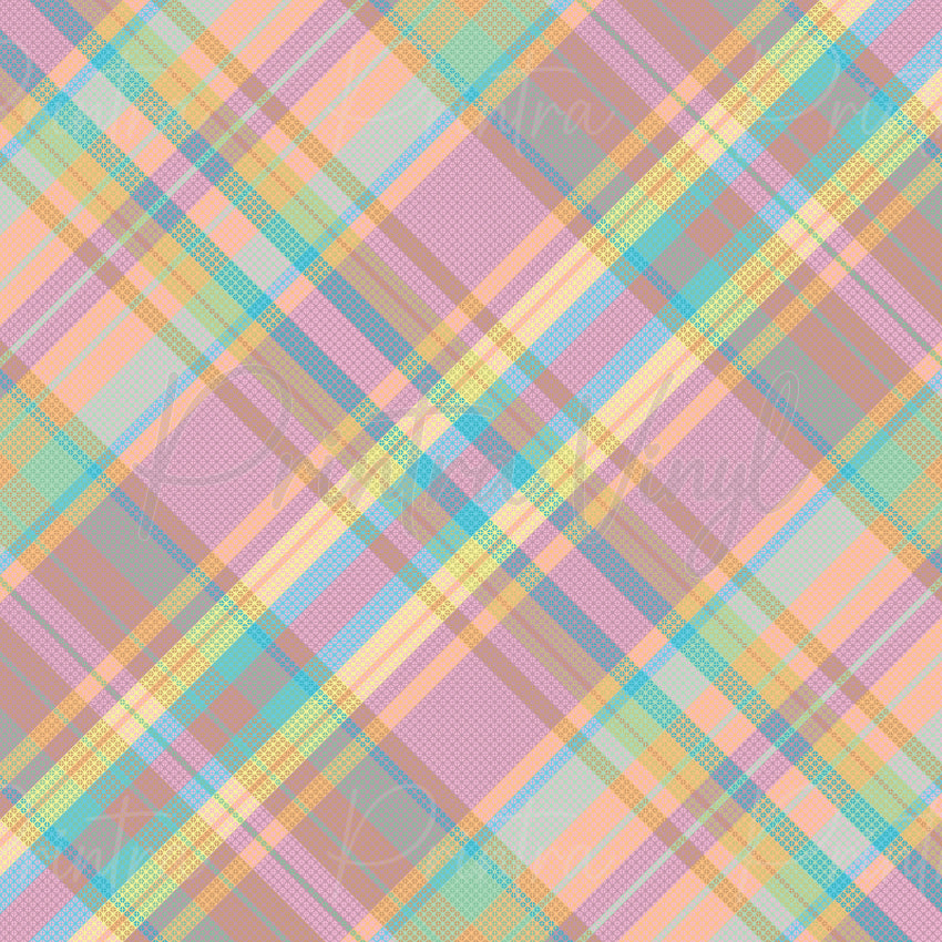 Pastel Play #01 patterned vinyl featuring a soft pastel plaid design with intersecting stripes in blush pink, lavender, aqua, mint and buttery yellow tones.