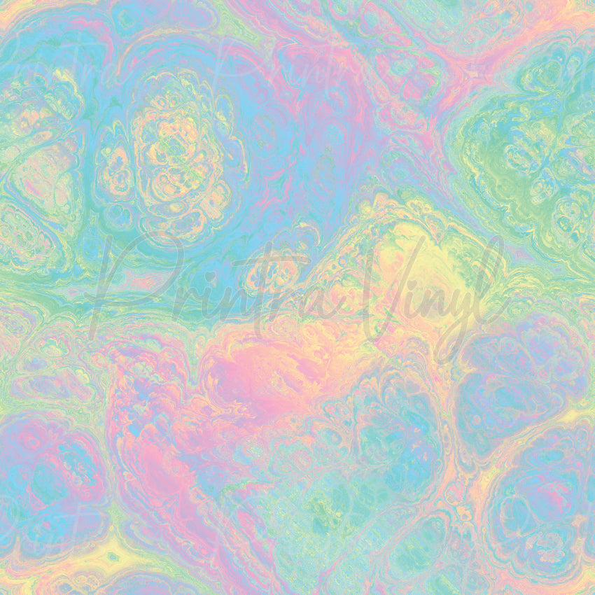 Pastel Play #02 patterned vinyl featuring a dreamy, marbled blend of pastel aqua, pink, lavender and buttery yellow with fluid swirl textures and a soft iridescent appearance.