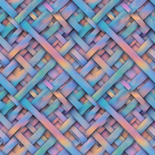 A repeating woven-look pattern made of diagonal bands in pastel rainbow colours, including blue, pink, purple, and yellow.