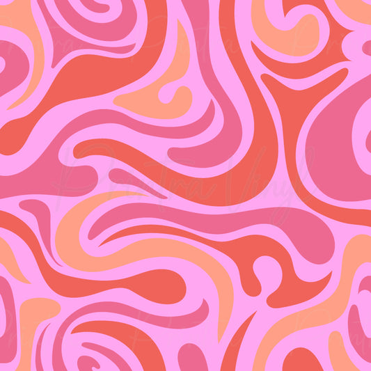 A seamless retro-style abstract pattern featuring flowing, wavy lines in shades of pink, coral orange, and peach.