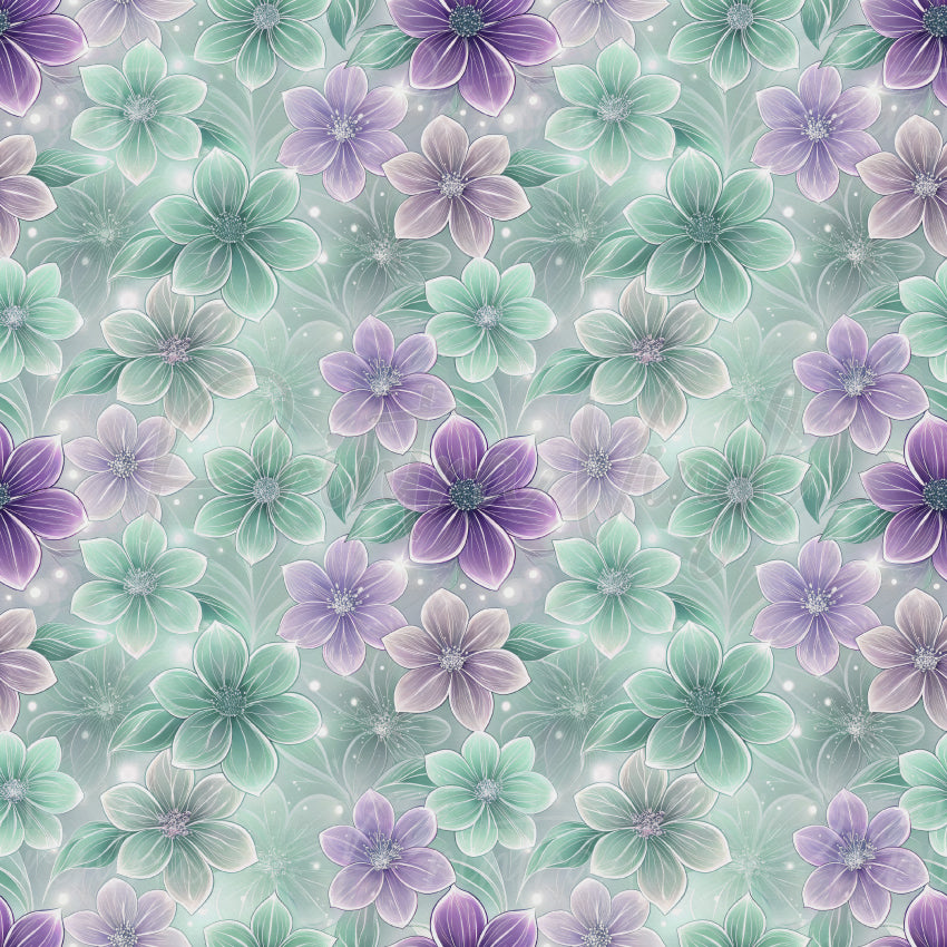 Petal Mist patterned vinyl featuring soft lavender and mint green flowers, delicate layered petals, and subtle sparkling accents on a dreamy pastel botanical background.