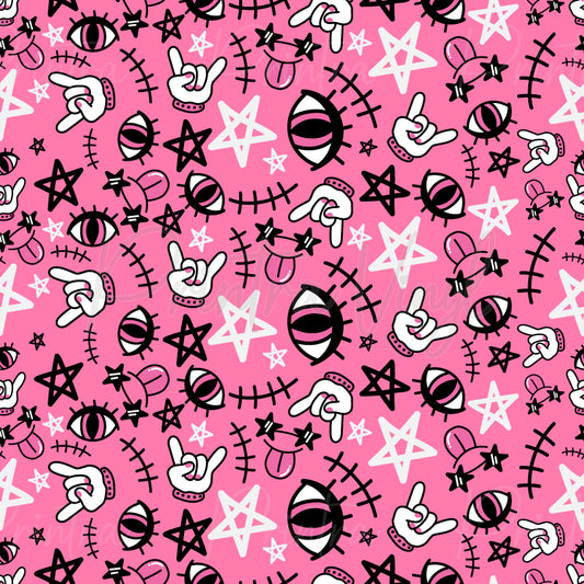 A repeating graphic pattern on a bright pink background featuring black and white hand gestures, stars, stitched marks, and stylized eyes with a punk rock vibe.