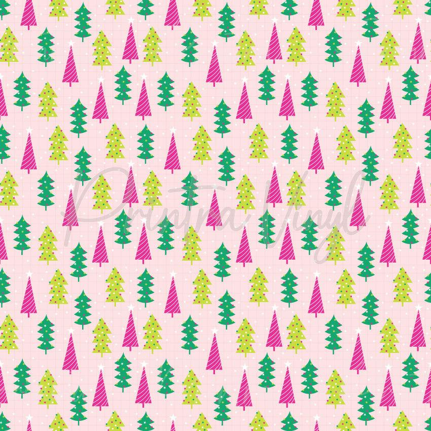 Pink Christmas #01 patterned vinyl featuring whimsical Christmas trees in bright pink, lime green, and teal, scattered across a soft blush pink background with subtle snowflake and sparkle details.