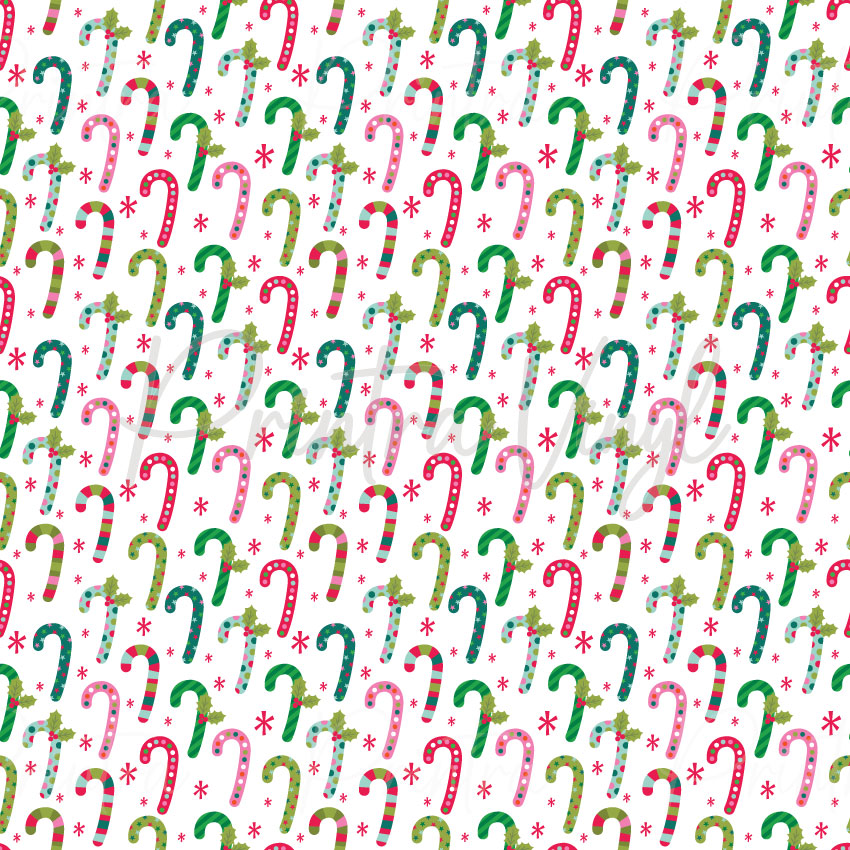 Pink Christmas #03 patterned vinyl featuring colourful candy canes in shades of pink, mint, teal, and green, decorated with stripes, polka dots, holly leaves, and festive accents scattered across a crisp white background.