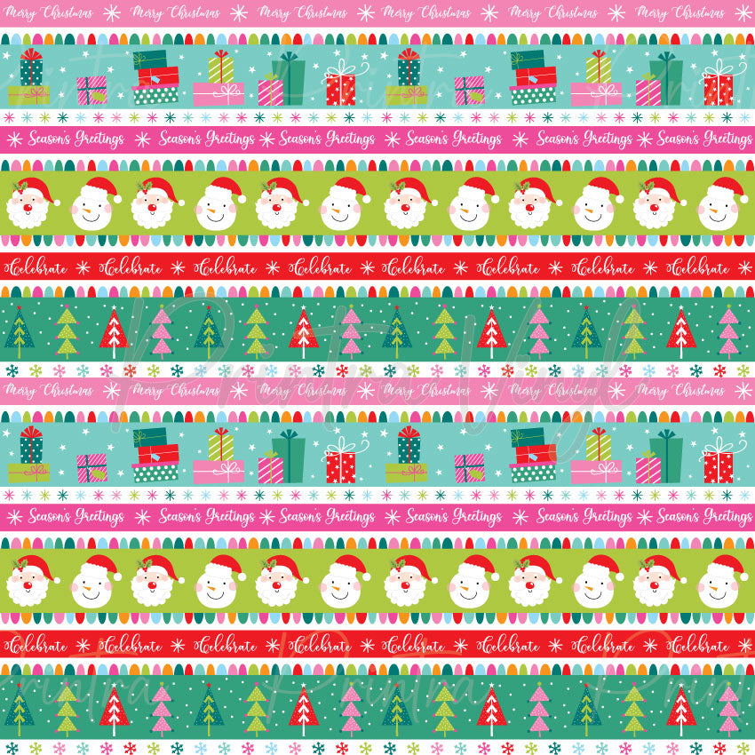 Pink Christmas #04 patterned vinyl featuring festive horizontal bands of Christmas presents, smiling Santa faces, Christmas trees, holiday greetings, snowflake accents, and decorative scalloped borders in cheerful pink, aqua, green, and red tones.