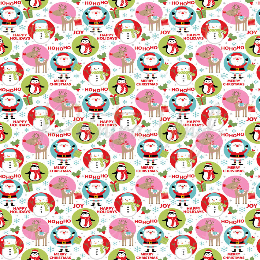 Pink Christmas #06 patterned vinyl featuring cheerful Christmas characters including Santa Claus, reindeer, penguins, and snowmen, surrounded by festive phrases, wrapped presents, snowflakes, holly leaves, and holiday accents in pink, aqua, green, and red tones.