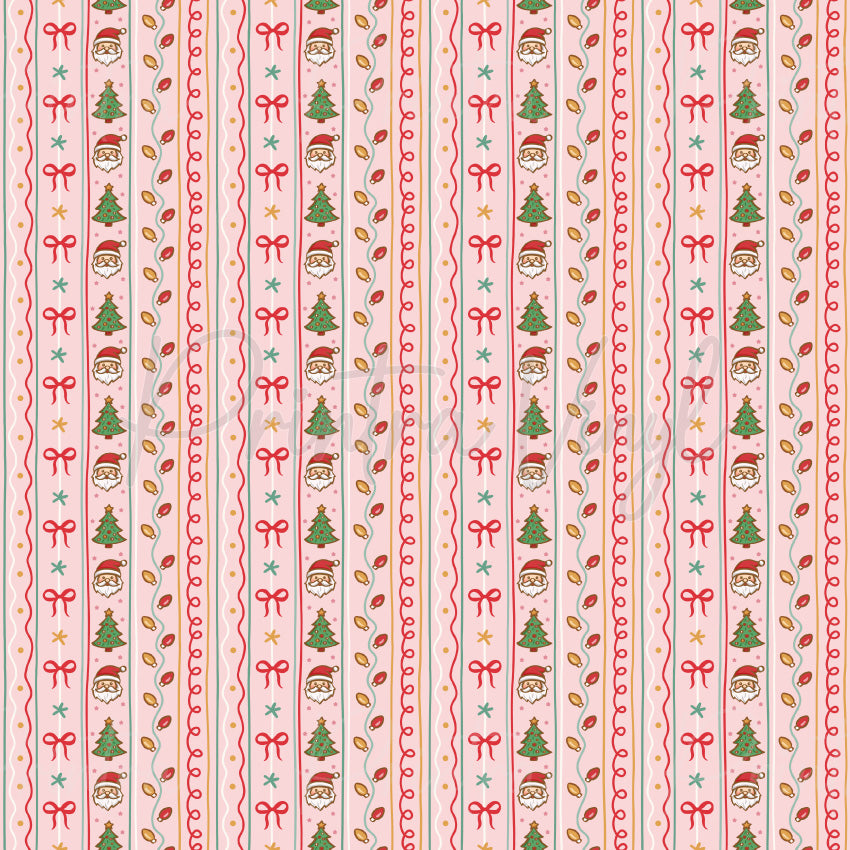 Pink Christmas #08 patterned vinyl featuring festive vertical candy-striped bands with Christmas trees, Santa faces, bows, holiday lights, stars, and whimsical decorative accents in soft pink, red, green, and gold tones.