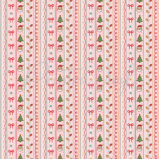 Pink Christmas #08 patterned vinyl featuring festive vertical candy-striped bands with Christmas trees, Santa faces, bows, holiday lights, stars, and whimsical decorative accents in soft pink, red, green, and gold tones.