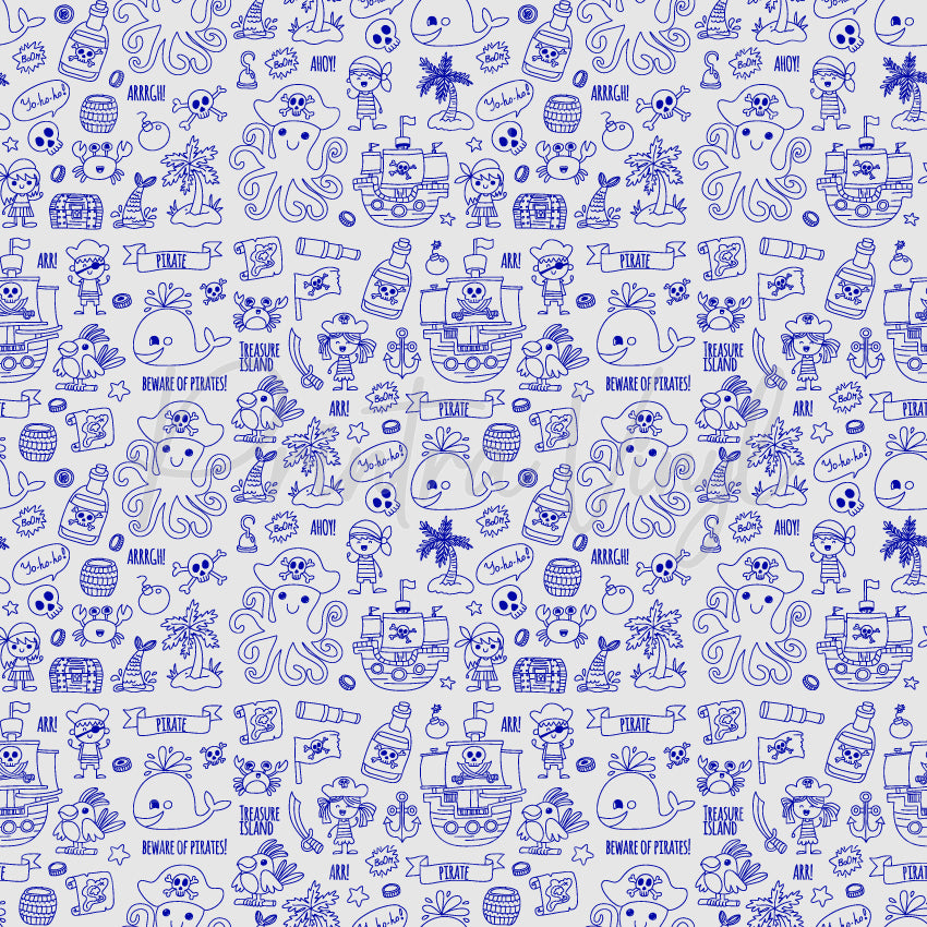 Pirate Pals patterned vinyl featuring playful pirate-themed doodles including pirate ships, treasure chests, octopuses, whales, parrots, palm trees, pirate flags, anchors, skulls, and adventurous pirate characters in blue line art on a white background.