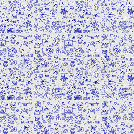 Pirate Pals patterned vinyl featuring playful pirate-themed doodles including pirate ships, treasure chests, octopuses, whales, parrots, palm trees, pirate flags, anchors, skulls, and adventurous pirate characters in blue line art on a white background.