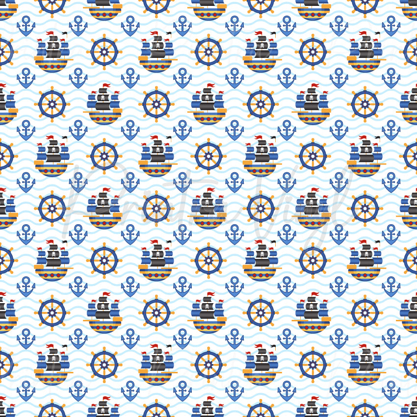 Pirate Voyage patterned vinyl featuring pirate ships with skull-and-crossbones sails, ship wheels, anchors, and ocean wave details in classic navy blue, red, gold, and white nautical colours.