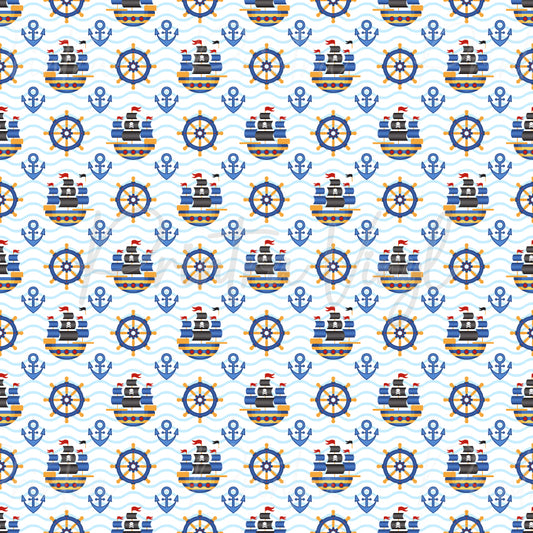 Pirate Voyage patterned vinyl featuring pirate ships with skull-and-crossbones sails, ship wheels, anchors, and ocean wave details in classic navy blue, red, gold, and white nautical colours.