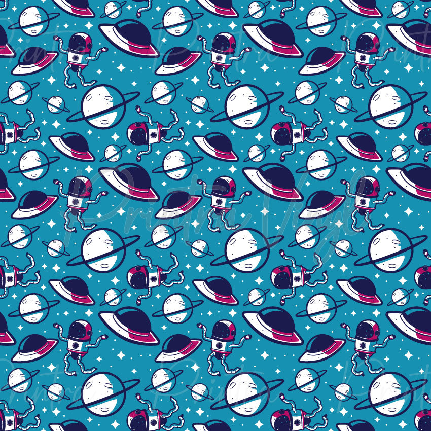 Planet Explorers patterned vinyl featuring playful astronauts floating among ringed planets, distant moons, and twinkling stars in navy, white, and pink tones on a bright blue space background.