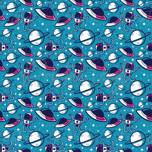 Planet Explorers patterned vinyl featuring playful astronauts floating among ringed planets, distant moons, and twinkling stars in navy, white, and pink tones on a bright blue space background.