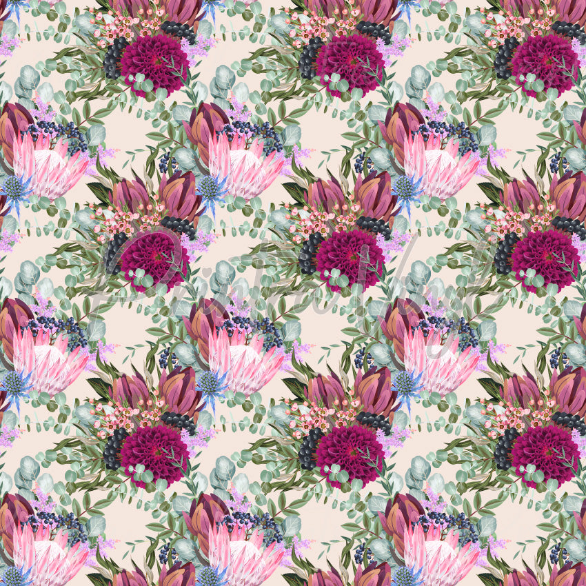 Protea patterned vinyl featuring elegant protea blooms, king proteas, eucalyptus leaves, berries and native Australian wildflowers in pink, burgundy, mauve and sage green tones on a soft neutral background.