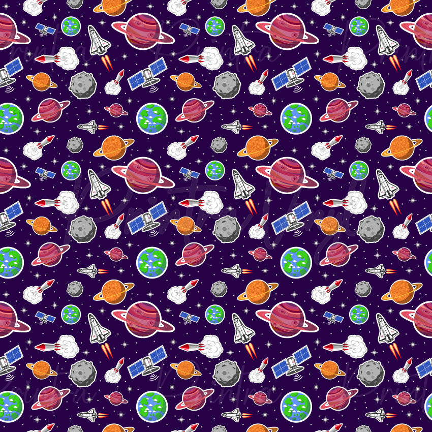 Purple Cosmos patterned vinyl featuring colourful planets, Earth, rockets, space shuttles, satellites, asteroids, and twinkling stars scattered across a deep purple galaxy background.