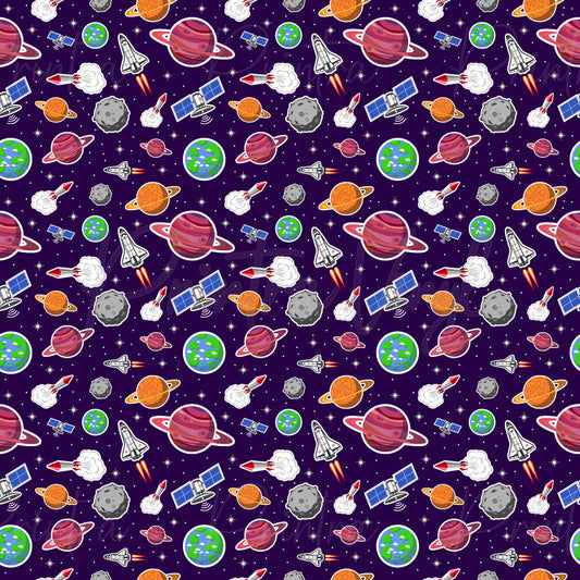 Purple Cosmos patterned vinyl featuring colourful planets, Earth, rockets, space shuttles, satellites, asteroids, and twinkling stars scattered across a deep purple galaxy background.