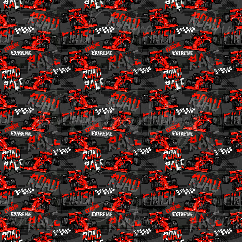 Racing Rush patterned vinyl featuring bold Formula-style race cars, checkered flags, tyre marks, racing graphics, and speed-inspired typography in vibrant red, black, white, and grey tones on a dark motorsport-themed background.