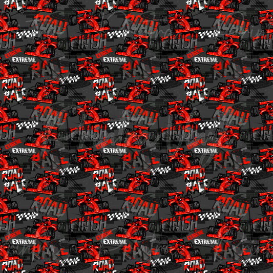 Racing Rush patterned vinyl featuring bold Formula-style race cars, checkered flags, tyre marks, racing graphics, and speed-inspired typography in vibrant red, black, white, and grey tones on a dark motorsport-themed background.