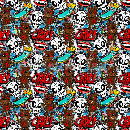 Rad Rebels patterned vinyl featuring a bold street-art collage of cartoon skulls, graffiti text, skateboards, stitched teddy bears, comic-style mouths, spray paint elements, and urban doodles in vibrant red, blue, brown, black, and white tones.