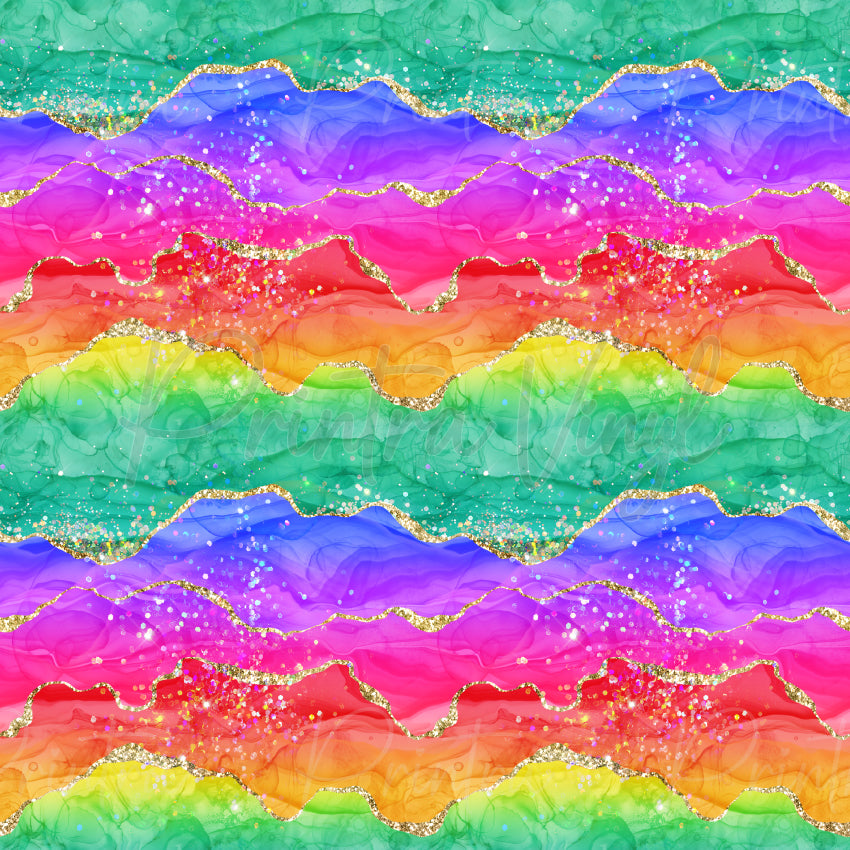 Rainbow Glitter Agate #01 patterned vinyl featuring flowing bands of emerald green, aqua, violet, hot pink, red, orange and lime with translucent agate textures, sparkling glitter highlights and metallic gold marbled accents woven throughout the design.