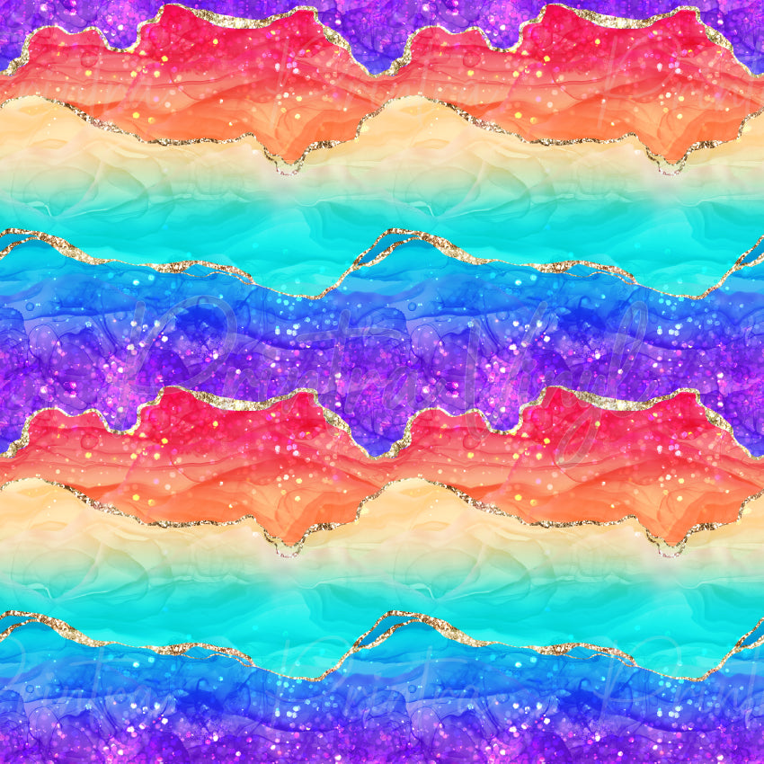 Rainbow Glitter Agate #03 patterned vinyl featuring flowing bands of vibrant purple, magenta, coral, peach, aqua and royal blue with translucent agate textures, shimmering glitter accents and metallic gold marbling throughout.