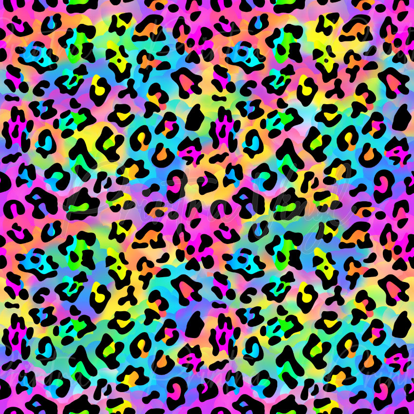 Rainbow Leopard patterned vinyl featuring bold black leopard spots over a vibrant rainbow watercolour background in neon pink, purple, blue, green, yellow and orange tones.